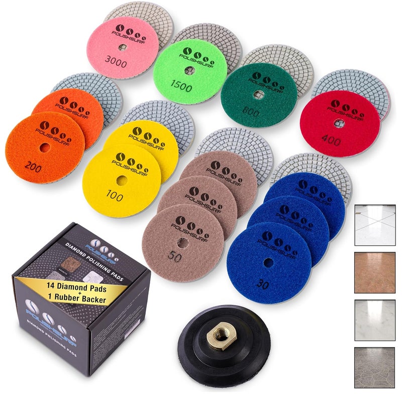 POLISHSURF 4 Inch Diamond Tile Polishing Pads for Grinder Polisher, 15 PCS Wet Dry Concrete Polishing Pads Kit including 5/8-11 Rubber Backer Pad and 30-3000 Grit Polishing Pad for Marble, Granite Polishing (15) - Image 1